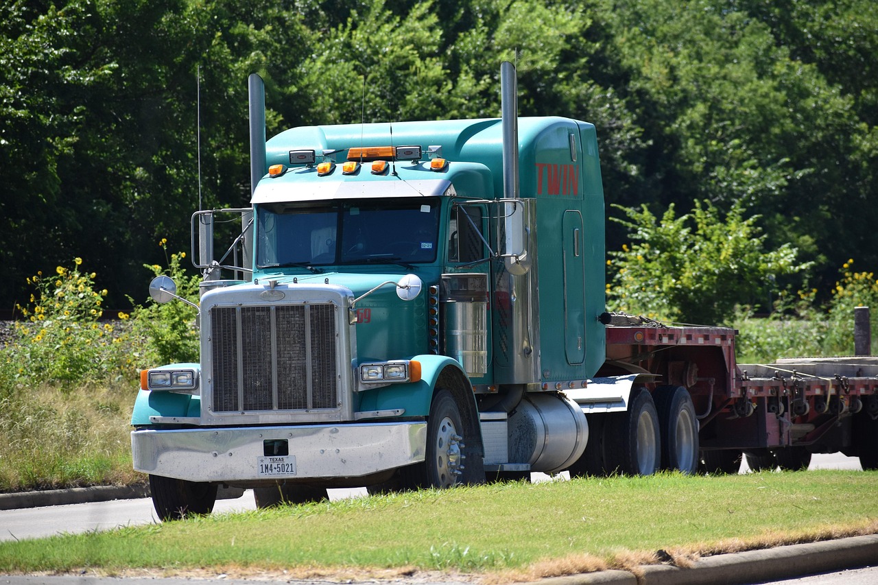 truck, nature, 18 wheeler, flatbed, transport, industrial, heavy, worker, car transportation, rig, equipment, machinery, development, blue, grass, forest, moving, service, heavy duty, cross country, driving, move, fast, grill, headlamp, exhaust